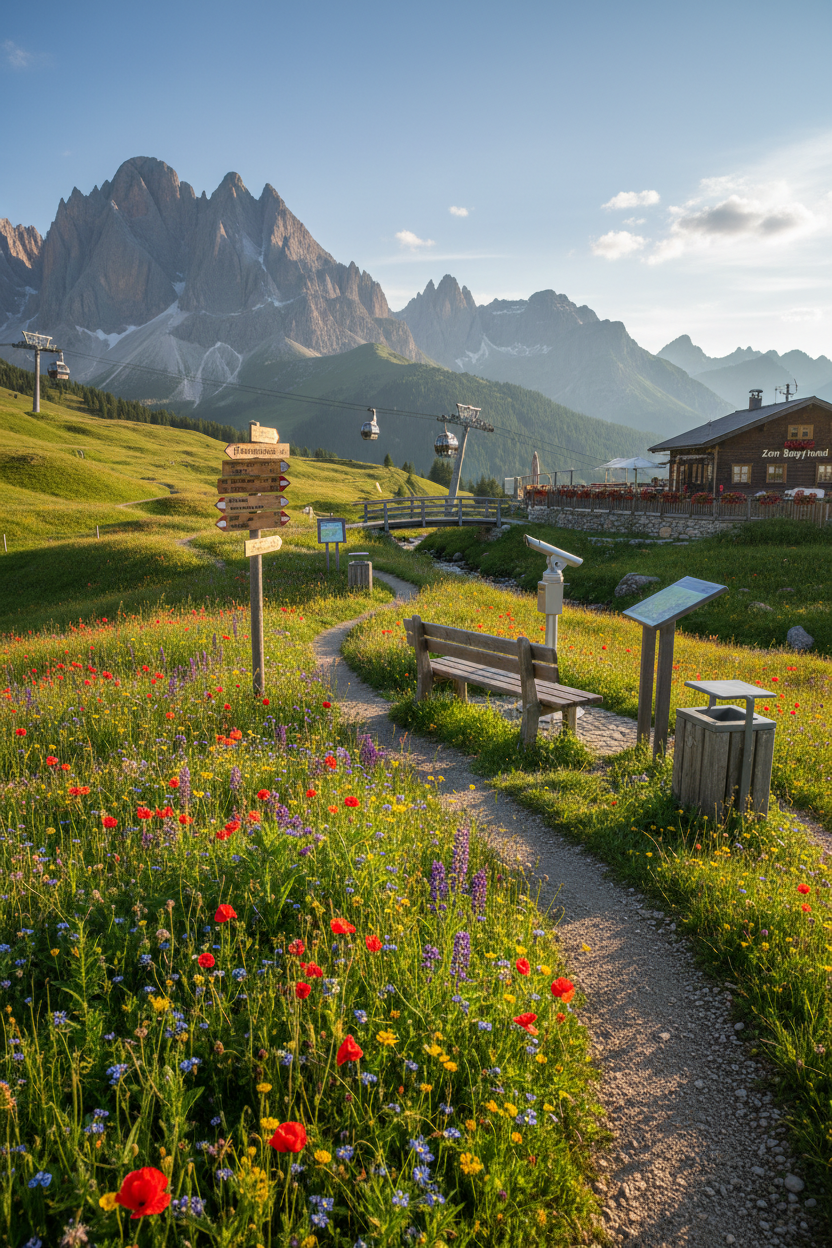 Wanderweg in blühender Bergwiese mit Tourismus Infrastruktur